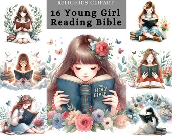 Mädchen lesen Bibel Clipart: wunderliches Gebet Journal Design (digitaler Download)