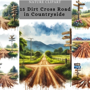 Cross Road Clipart, estrada de terra, estrada com sinal de direção no campo, design imprimível por sublimação para artesanato em papel ou cartões de papel, etc.