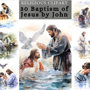 Paquete de imágenes prediseñadas del bautismo de Jesús, Cristo bautiza por Juan, impresión de acuarela JPG, impresión de bautismo cristiano, diseño de sublimación de bautismo.