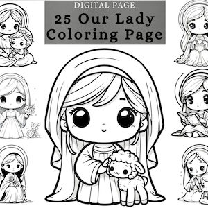 Imágenes prediseñadas de la página para colorear de la Madre María, página del libro para colorear imprimible, página para colorear cristiana Nuestra Señora para niños pequeños, descarga digital imprimible