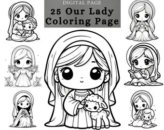 Mother Mary Coloring Page clipart , printable Coloring Book page ,Christian Coloring page Our Lady for Toddlers, printable digital download