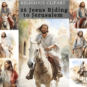 Jezus rijdt naar Jeruzalem clipart, Jezus rijdt op ezel aquarelontwerp, palmzondag posterbundel voor scrapbooking, junk journal
