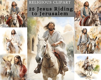 Jesus Riding Donkey Watercolor Clipart, Palm Sunday Bundle (Digital Download)