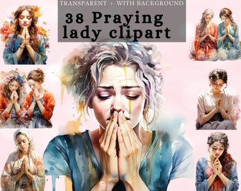 Girl praying praising Clipart , religious lady watercolored transparent png, comercial use design, devotional sublimation design