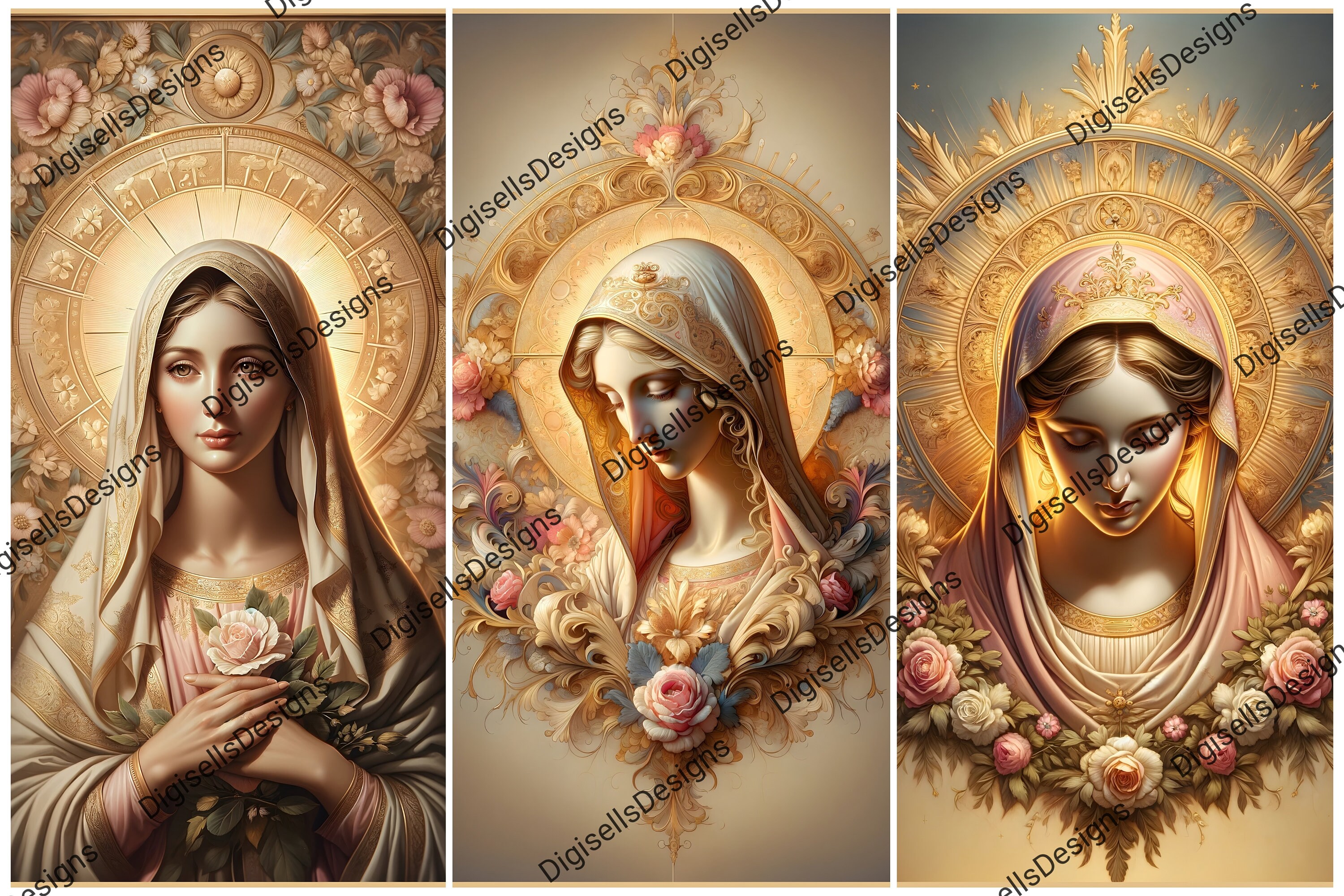 Digital Our Lady Holy Card , Mother Mary Prayer Card in Golden Pink ...