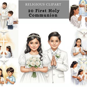 Clipart della Prima Comunione, ragazzo e ragazza ispanici che pregano, arte stampabile per lavoretti religiosi, aula, biglietti, album di ritagli a sublimazione