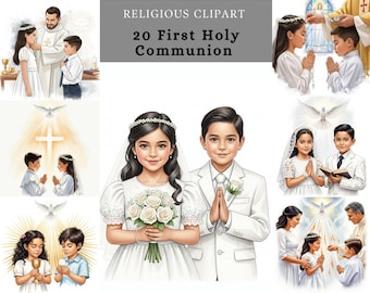 First Communion Clipart, Hispanic Boy and Girl Praying (JPG Digital Download)