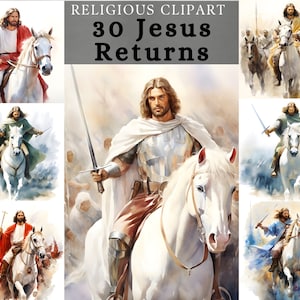 Clipart terugkeer van Jezus, Jezus keert schilderij, aquarel Jezus op wit paard bundel voor scrapbooking, junk journal, sublimatie