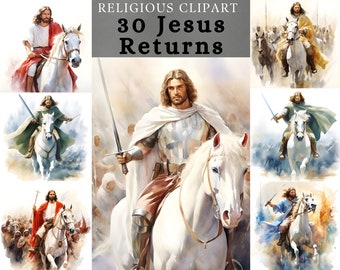 Return  of Jesus Clipart ,  Jesus Returns Painting ,  Watercolor Jesus on White Horse bundle  for Scrapbooking, junk journal , sublimation