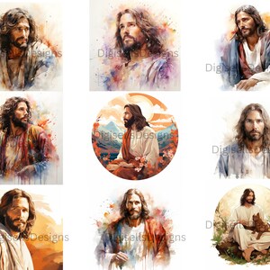 May include: A collection of nine digital paintings depicting Jesus Christ in various poses and settings. The paintings are done in a watercolor style with soft, blended colors and a dreamy, ethereal feel.