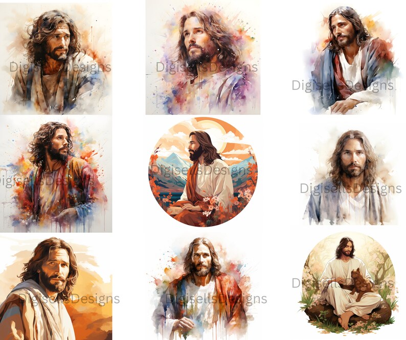 May include: A collection of nine digital paintings depicting Jesus Christ in various poses and settings. The paintings are done in a watercolor style with soft, blended colors and a dreamy, ethereal feel.