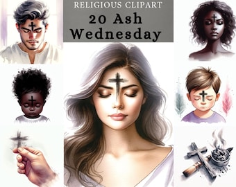 Ash Wednesday Clipart , Lent Watercolor Religious clipart, Pastel colors design, Cross on forehead, god worshipping , scrapbooking