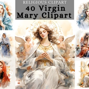 Paquete de imágenes prediseñadas de la Virgen María, imágenes prediseñadas de antes del nacimiento de Jesús, imágenes prediseñadas de la Natividad, imágenes prediseñadas de María en acuarela con ángeles, imágenes prediseñadas de la Anunciación
