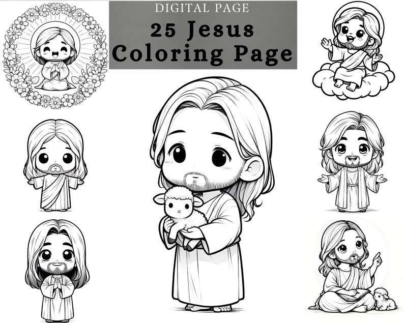 May include: A set of 25 black and white coloring pages featuring Jesus in various poses. The pages are digital and can be printed out for coloring.