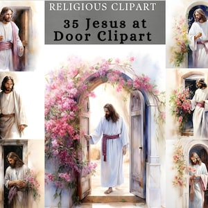 Clipart de Jesús en la puerta, diseño floral de acuarela de Jesús, paquete de diseño de Jesús tranquilo entrando por la puerta para álbumes de recortes, diario basura