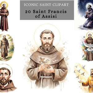 May include: A collection of watercolor illustrations featuring Saint Francis of Assisi. The images depict him in various poses, including praying, holding a dove, and surrounded by nature. The color palette is soft, with earthy tones and a halo effect.