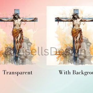 May include: A watercolor painting of a man on a cross with a crown of thorns. The background is a light blue and pink gradient.