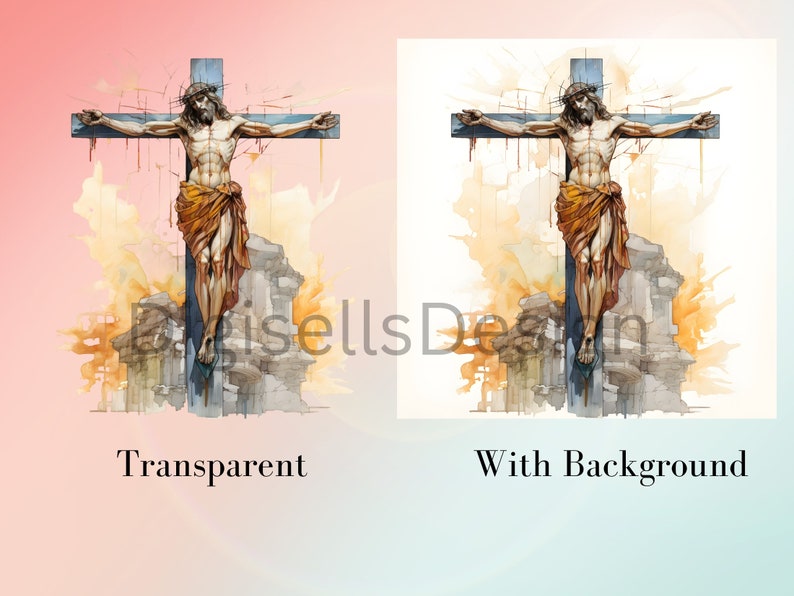 May include: A watercolor painting of a man on a cross with a crown of thorns. The background is a light blue and pink gradient.