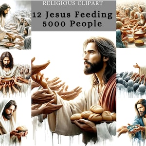Gesù alimenta 5000 Clipart, Miracolo di Gesù, nutre la moltitudine, arte cristiana, design stampabile di sublimazione di Gesù per l'artigianato con la carta