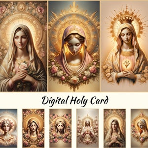 Estampilla digital de Nuestra Señora, Estampilla de oración de la Madre María en tema rosa dorado, Conjunto de 10, descarga instantánea, diseño imprimible para artesanía en papel