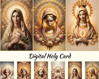 Digital Our Lady Holy Card , Mother Mary prayer card in golden pink theme, Set of 10 , instant download, printable design for paper craft