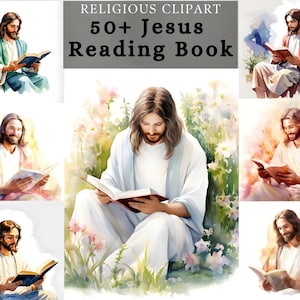 Jesus Reading Book Clipart ,  Jesus reading bible ,  Calm Jesus poster bundle  for Scrapbooking, junk journal , sublimation and paper craft