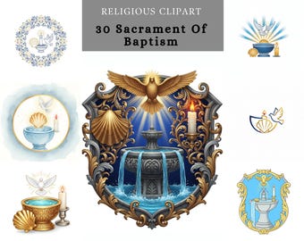 Sacrament of Baptism Symbols Clipart,  Printable Designs for Baptism, First Communion, Confirmation & Cross - Perfect for Sublimation