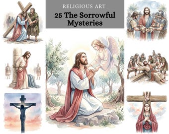 Sorrowful Mysteries Rosary Watercolor Clipart Bundle , Catholic Jesus Passion Art ,DIY Prayer Cards, Journaling, Stickers & Printable Craft
