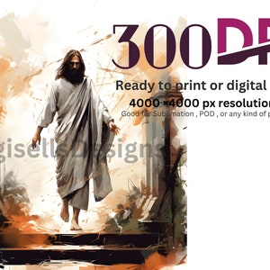 May include: A digital painting of a man in a white robe walking up a set of stairs. The background is a blurry orange and brown color. The image is 4000 x 4000 pixels and 300 DPI. It is ready to print or use digitally.