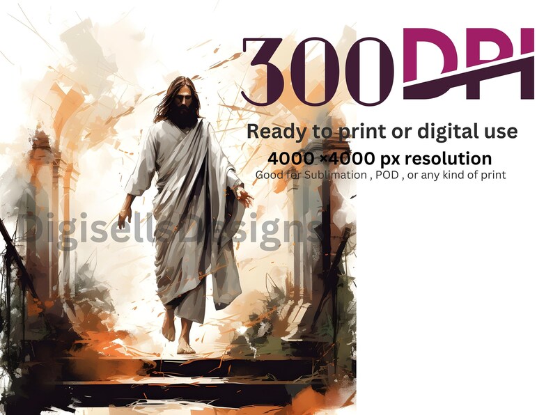 May include: A digital painting of a man in a white robe walking up a set of stairs. The background is a blurry orange and brown color. The image is 4000 x 4000 pixels and 300 DPI. It is ready to print or use digitally.