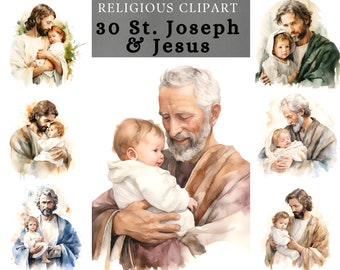 Saint Joseph and Jesus Clipart png , fatherly Love clipart, nativity watercolor clipart , joseph and baby Jesus transparent background
