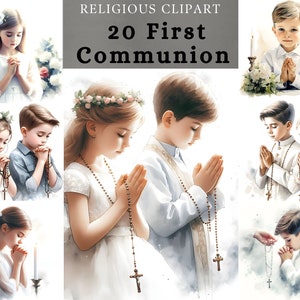 Clipart de primera comunión, niños rezando en la primera comunión, diseño de acuarela, sublimación devocional, adoración a Dios, scrapbooking