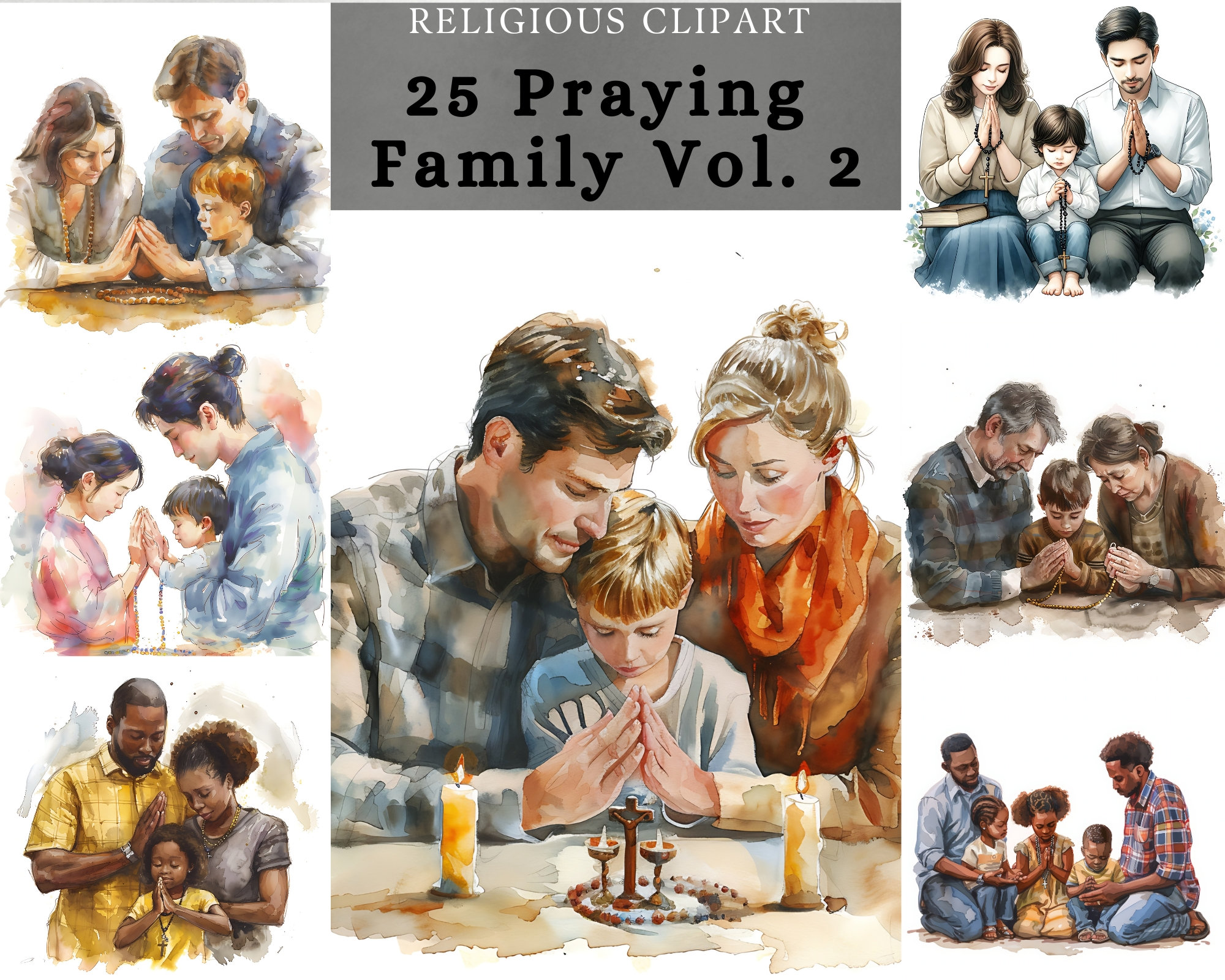 Christian family praying Vol 2 Clipart , Religious People praying with rosary design, devotional sublimation print , god worshipping