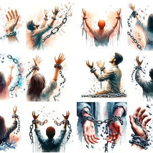 May include: A collage of twelve watercolor illustrations depicting people breaking free from chains. The chains are breaking apart and flying away. The people are all reaching their arms up towards the sky.