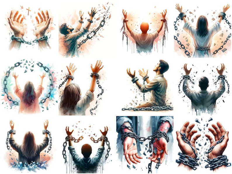 May include: A collage of twelve watercolor illustrations depicting people breaking free from chains. The chains are breaking apart and flying away. The people are all reaching their arms up towards the sky.