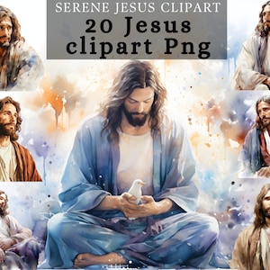 Serene Jesus Portrait Clipart png , 20 Aquarell Jesus Clipart Design, Calm Jesus Poster Design Bundle für Scrapbooking, Junk Journal