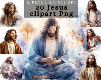 Serene Jesus portrait clipart png , 20 watercolored Jesus clipart design,  Calm Jesus poster design bundle  for Scrapbooking, junk journal