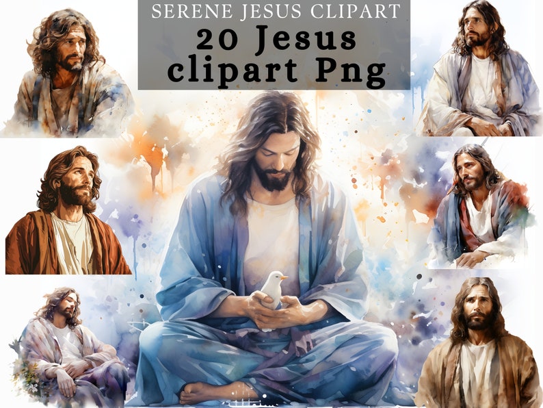 May include: A digital illustration of Jesus in multiple poses. He is depicted with long brown hair and a beard, wearing a blue robe and holding a white dove. The background is a watercolor wash of blue, orange, and white.