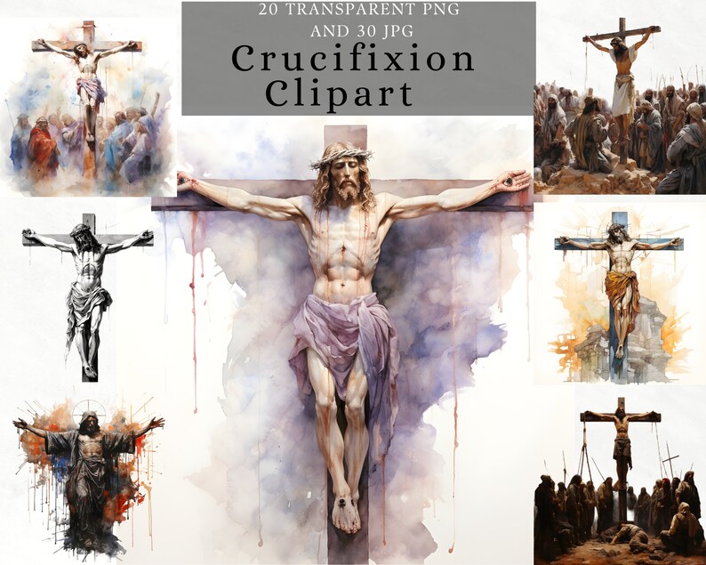 May include: A collection of digital art images depicting the crucifixion of Jesus Christ. The images are in various styles, including watercolor, black and white, and realistic.