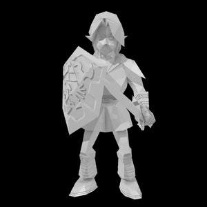 May include: A white papercraft figure of Link from the Legend of Zelda video game series. Link is holding a sword and a shield with the Triforce symbol.