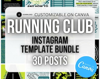 Instagram Templates for Running Club | 30 Editable Canva Posts | Black, White, Blue, Neon Green