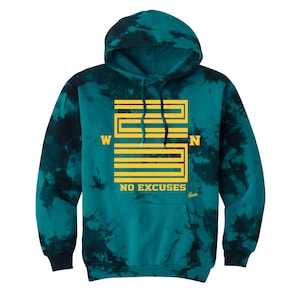 May include: Teal tie-dye hoodie with a yellow and white graphic design. The design includes the letters "W" and "N" and the words "NO EXCUSES". The hoodie has a hood and a front pocket.