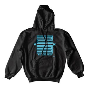 May include: Black hooded sweatshirt with a light blue graphic design on the front. The graphic includes the word "WOMEN" and the phrase "NO EXCUSES". The sweatshirt has a front pocket and a drawstring hood.