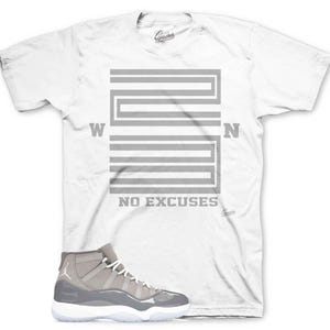 May include: Gray and white sneakers with a gray and white t-shirt featuring a gray graphic of a basketball court with the text "NO EXCUSES".
