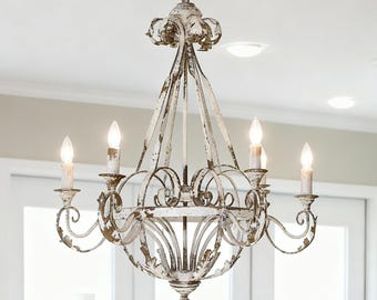 French Country Chandelier: 6-Light Distressed White Iron Pendant Lamp, Farmhouse Dining Room Lighting Fixture