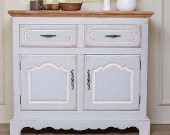 Aparador rústico de estilo francés, mueble de granja encalado, mesa de buffet rústica con cajones, mueble de entrada de estilo rústico.