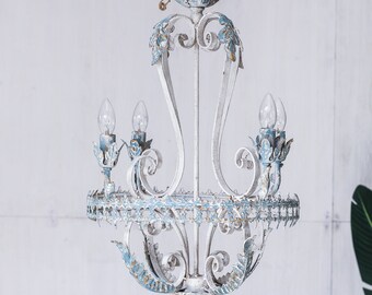 Baroque-Inspired Chandelier - Shabby Chic Floral Ceiling Light, Distressed White and Blue Patina Finish, Vintage Decorative Lighting