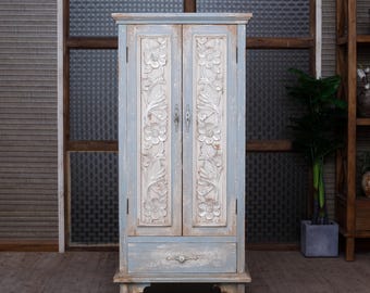 Vintage Blue Carved Wardrobe, Distressed Wood Armoire, French Country Storage Cabinet, Antique Style Cupboard