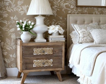 French Country Nightstand: Rustic Wood Bedside Table with Carved Drawer Accents