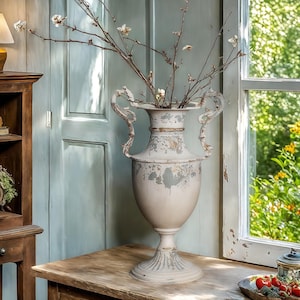 May include: A large, off-white decorative urn with two ornate handles and a pedestal base. The urn is filled with branches bearing small white flowers. The aged finish gives it a vintage look. The urn is placed on a wooden table.